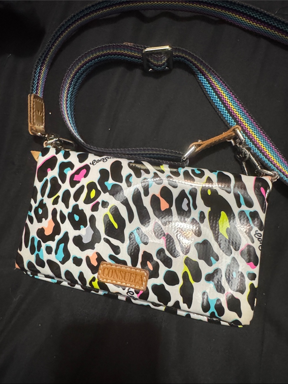 Consuela White Crossbody Bag with Multicolor Leopard Spots